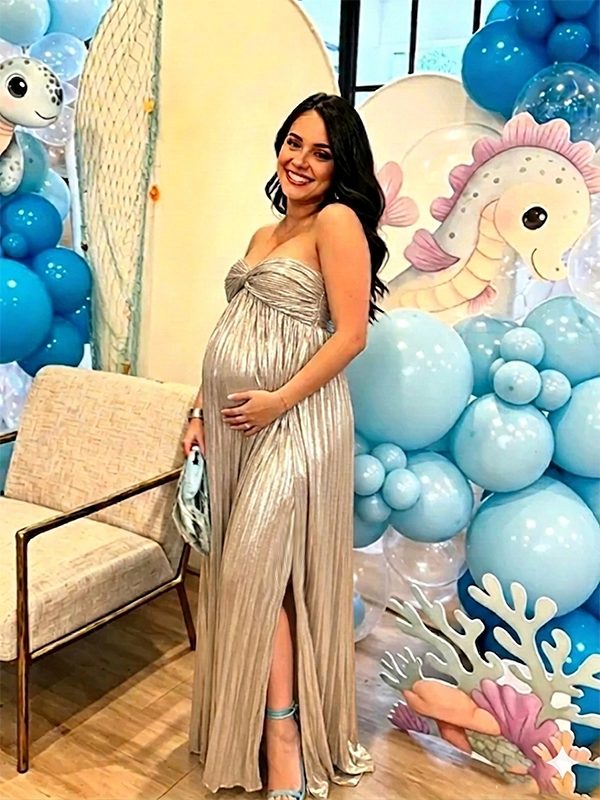 Elegant Champagne Bandeau Pleated Side Slit Baby Shower Maternity Maxi Dress for Maternity