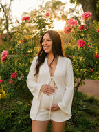 Chic Beige Two Piece Lace-up Side Slit Maternity Top Short for Maternity