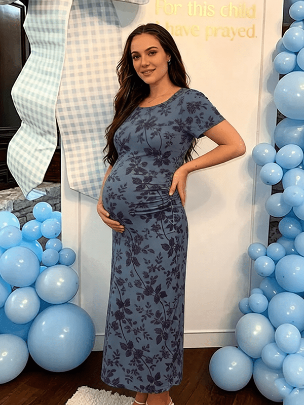 Chic Dark Blue Bodycon Mermaid Floral Baby Shower Maternity Maxi Dress for Maternity