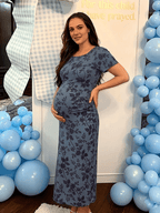Chic Dark Blue Bodycon Mermaid Floral Baby Shower Maternity Maxi Dress for Maternity