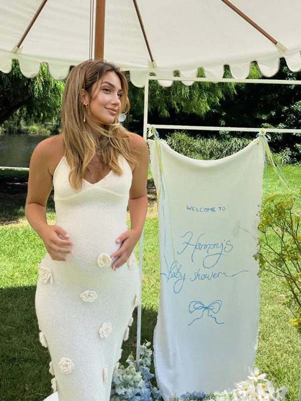White Spaghetti Strap Backless 3d Flowers Maternity Maxi Dress for Maternity