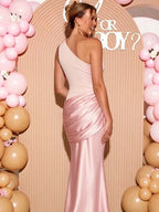 Chic Off Shoulder Splicing Satin Mermaid Baby Shower Maternity Maxi Dress for Maternity