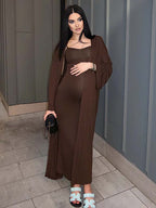 Knit Tank Long Cardigan Two Piece Maternity Photoshoot Maxi Dress for Maternity