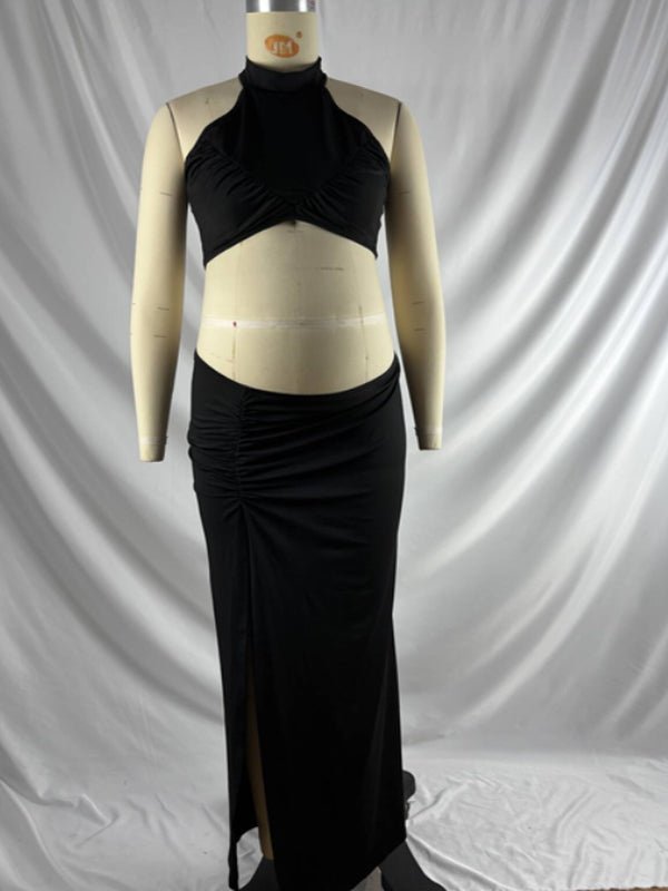 Side Slit Halter Neck Two Piece Maternity Photoshoot Maxi Dress for Maternity
