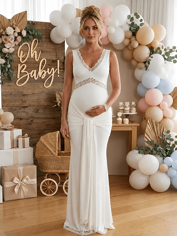 White Lace Ruched Draped Big Swing Baby Shower Maternity Maxi Dress for Maternity
