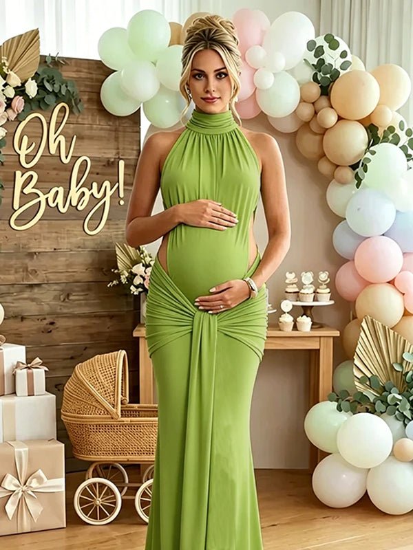 Ruched Bowknot Draped High Neck Backless Bodycon Elegant Maternity Baby Shower Maxi Dress for Maternity