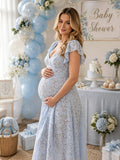Lace High Waisted Backless Puff Sleeve A-line Maternity Baby Shower Midi Dress for Maternity