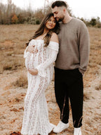White Off Shoulder Lace Bandeau Tie Front Mermaid Bandage Going Out Photoshoot Maternity Maxi Dress for Maternity