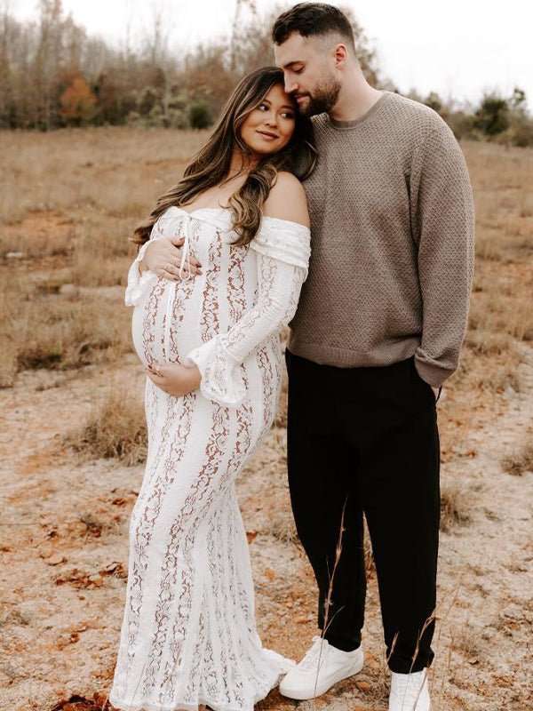 White Off Shoulder Lace Bandeau Tie Front Mermaid Bandage Going Out Photoshoot Maternity Maxi Dress for Maternity