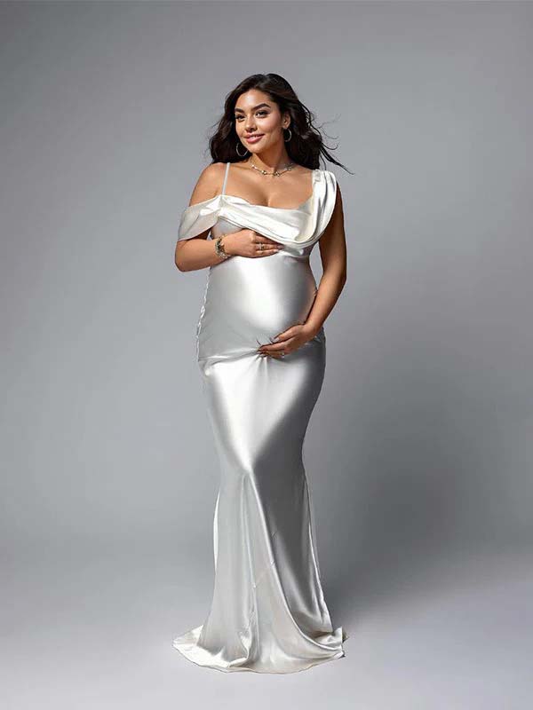 White One Off Shoulder Silk Satin Backless Mermaid Photoshoot Evening Gown Baby Shower Maternity Maxi Dress for Maternity
