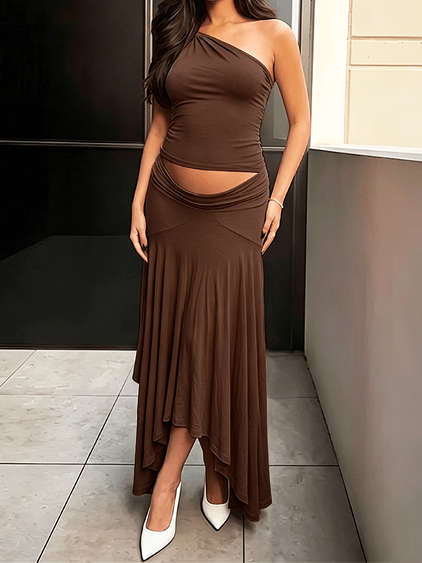 Off-shoulders Irregular Ruffle Two Piece Maternity Photoshoot Maxi Dress for Maternity
