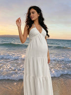 Beach Spaghetti Strap Halter Neck Tie-back Ruched Backless Vacation Photoshoot Maternity Maxi Dress for Maternity