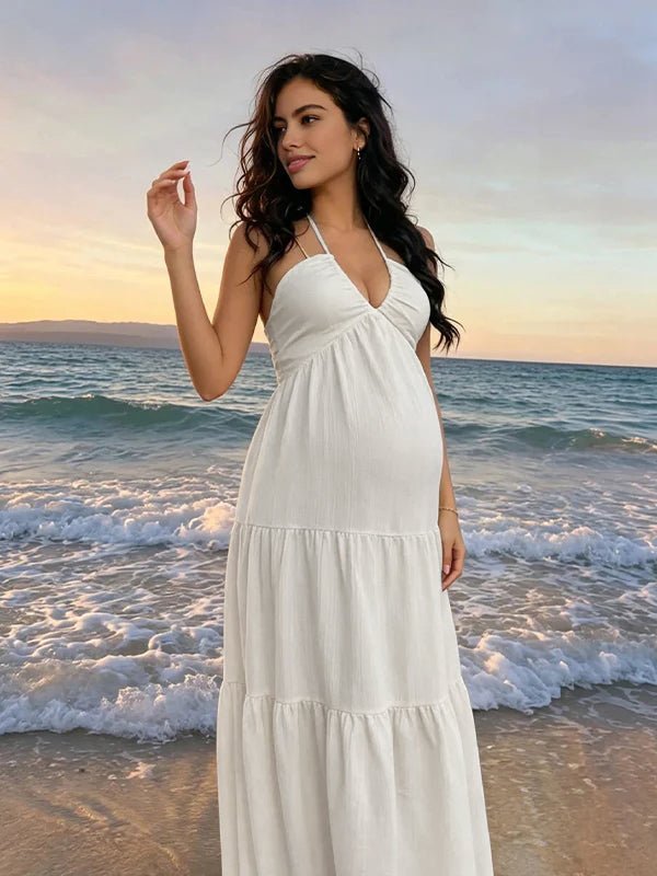 Beach Spaghetti Strap Halter Neck Tie-back Ruched Backless Vacation Photoshoot Maternity Maxi Dress for Maternity
