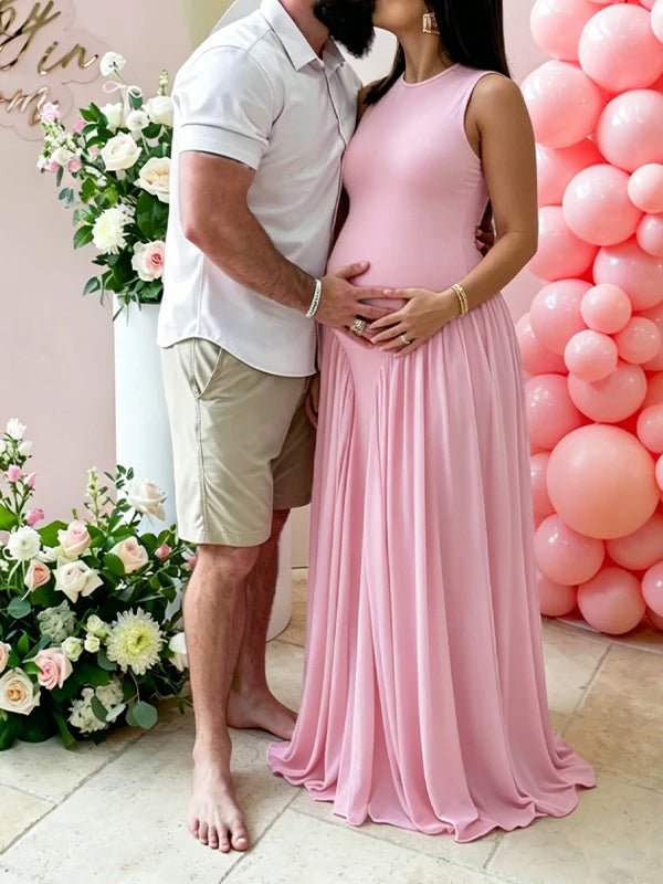 Round Neck Ruched Draped Curved Drop Waist Bodycon Baby Shower Maternity Maxi Dress for Maternity