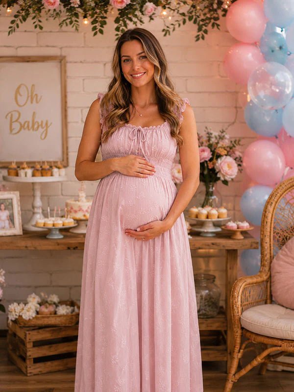 Chic Falbala Shirring A-line Baby Shower Maternity Maxi Dress for Maternity