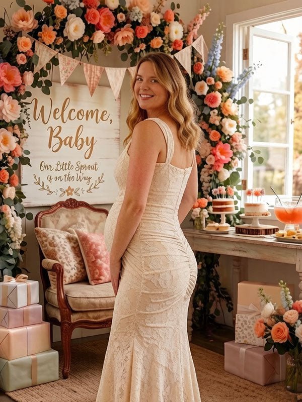 Elegant Beige Ruched Floral Irregular Mermaid Bodycon Maternity Baby Shower Maxi Dress for Maternity