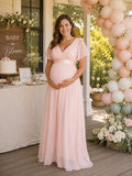 Elegant Pink Flare Sleeve Tulle A-line Flowy Baby Shower Maternity Maxi Dress for Maternity