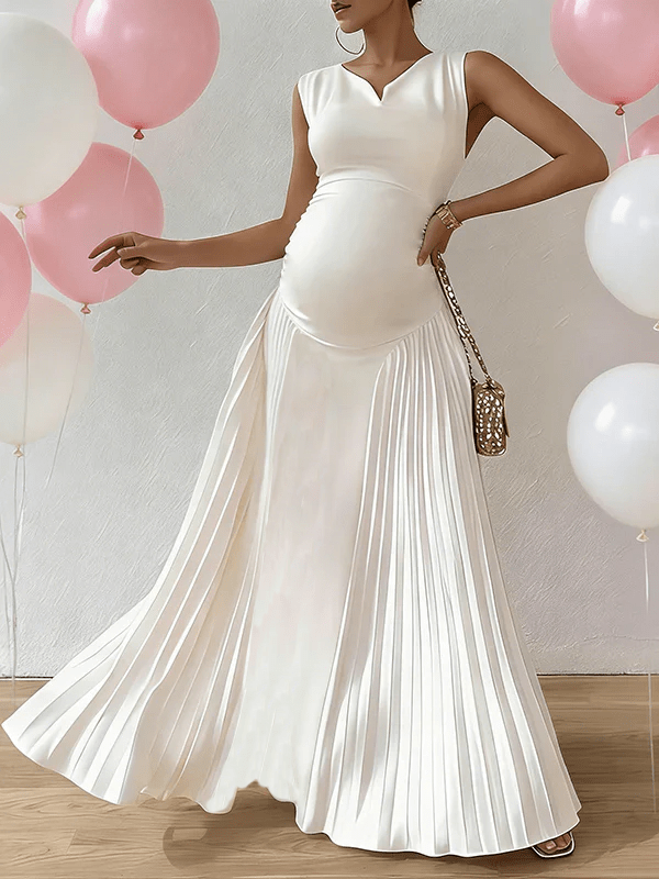 Chic White Pleated A-line Cocktail Baby Shower Maternity Maxi Dress for Maternity