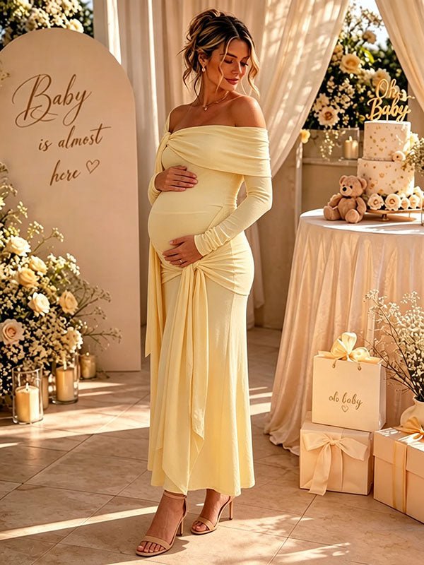 Elegant Yellow Off Shoulder Side Draped Lace-up Ruched Mermaid Maternity Baby Shower Maxi Dress for Maternity