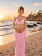Halter Neck 3d Flower Crochet Backless Lace Up Two Piece Maternity Photoshoot Swimwear for Maternity