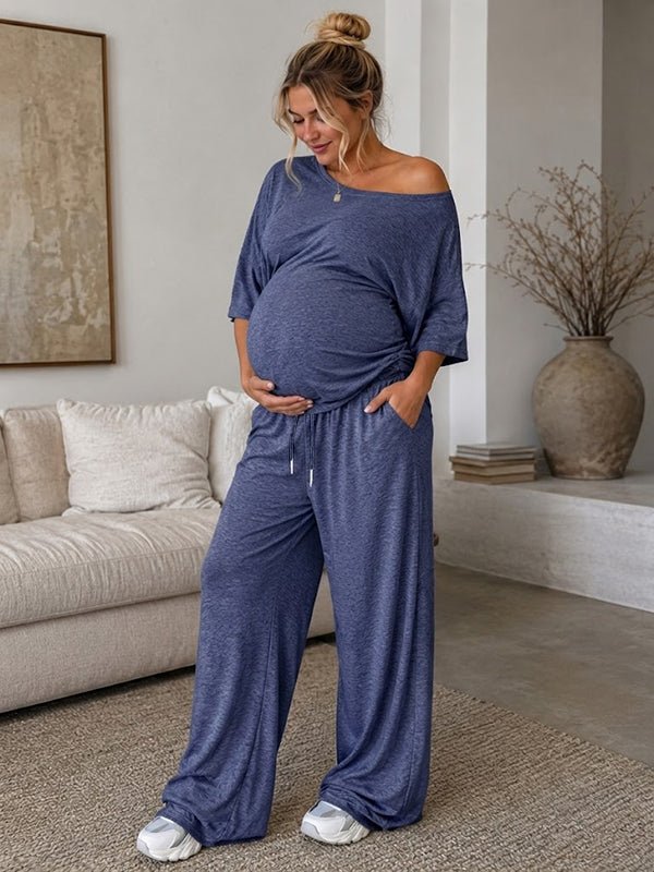 Daily Two Piece Oblique Shoulder Maternity Strapless Top Wide Leg Pant for Maternity