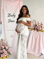 Off Shoulder Lace Backless Ribbon Ruched Maternity Baby Shower Maxi Dress for Maternity