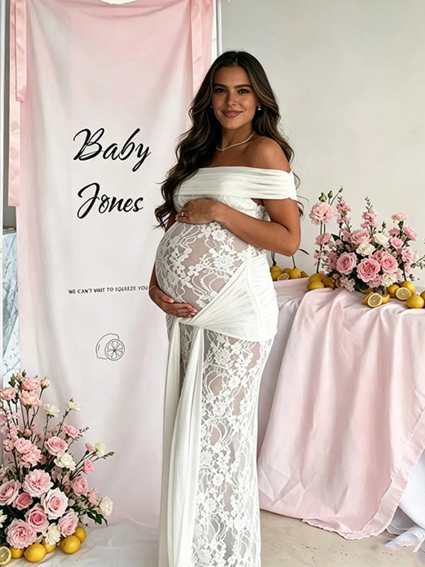 Off Shoulder Lace Backless Ribbon Ruched Maternity Baby Shower Maxi Dress for Maternity
