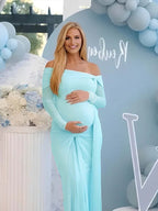 Blue Mesh Off Shoulder Ruched Bowknot Draped Maternity Maxi Dress for Maternity