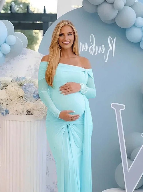 Blue Mesh Off Shoulder Ruched Bowknot Draped Maternity Maxi Dress for Maternity