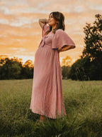 Bow Flutter Sleeve Solid V-neck Flowy Vacation Beach Cute Baby Shower Photoshoot Maternity Maxi Dress for Maternity