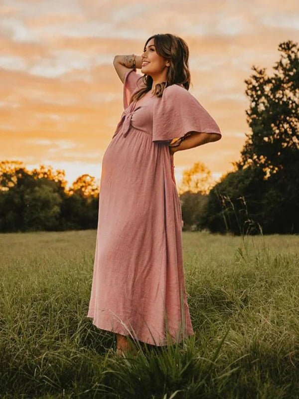 Bow Flutter Sleeve Solid V-neck Flowy Vacation Beach Cute Baby Shower Photoshoot Maternity Maxi Dress for Maternity