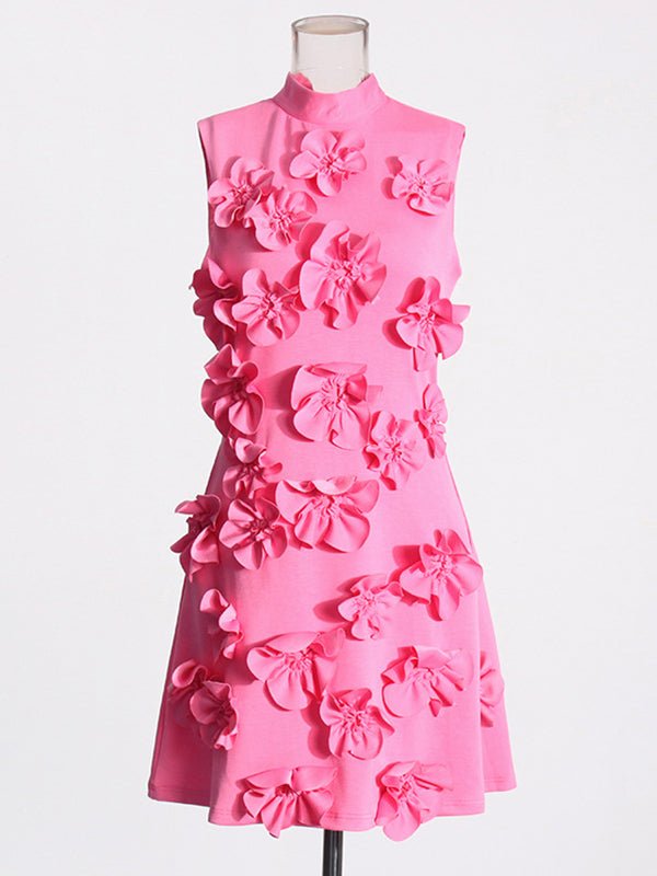 Pink 3d Flowers Sleeveless High Neck Baby Shower Maternity Mini Dress for Maternity
