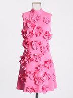 Pink 3d Flowers Sleeveless High Neck Baby Shower Maternity Mini Dress for Maternity