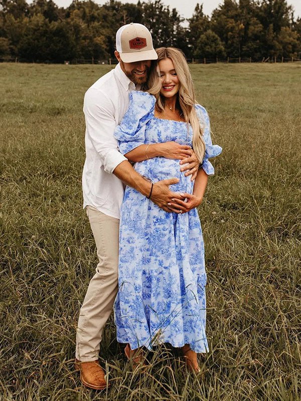 Ruffle Ruched High Waist Puff Sleeve Cute Photoshoot Maternity Maxi Dress for Maternity
