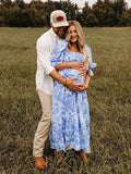 Ruffle Ruched High Waist Puff Sleeve Cute Photoshoot Maternity Maxi Dress for Maternity