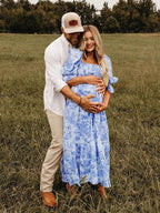 Ruffle Ruched High Waist Puff Sleeve Cute Photoshoot Maternity Maxi Dress for Maternity