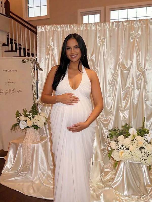 White Halter Neck Open Back Draped Hem Maternity Photoshoot Maxi Dress for Maternity