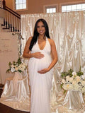 White Halter Neck Open Back Draped Hem Maternity Photoshoot Maxi Dress for Maternity