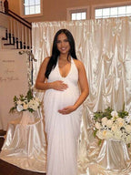 White Halter Neck Open Back Draped Hem Maternity Photoshoot Maxi Dress for Maternity