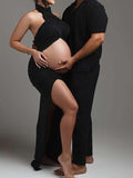 Side Slit Halter Neck Two Piece Maternity Photoshoot Maxi Dress for Maternity