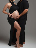 Side Slit Halter Neck Two Piece Maternity Photoshoot Maxi Dress for Maternity
