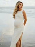 Chic Apricot Side Slit Ruched Knot Backless Side Draped Photoshoot Maternity Maxi Dress for Maternity