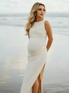 Chic Apricot Side Slit Ruched Knot Backless Side Draped Photoshoot Maternity Maxi Dress for Maternity