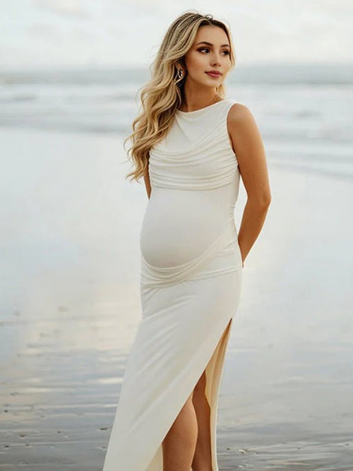 Chic Apricot Side Slit Ruched Knot Backless Side Draped Photoshoot Maternity Maxi Dress for Maternity