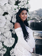 White Lace Sequin Off Shoulder Mermaid Bodycon Wedding Gown Baby Shower Elegant Foamal Maternity Photoshoot Maxi Dress for Maternity
