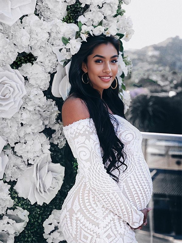 White Lace Sequin Off Shoulder Mermaid Bodycon Wedding Gown Baby Shower Elegant Foamal Maternity Photoshoot Maxi Dress for Maternity