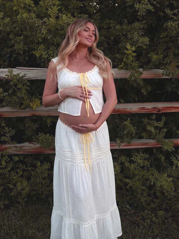 White Lace Ribbon High Waisted Two Piece Maternity Photoshoot Maxi Dress for Maternity