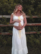 White Lace Ribbon High Waisted Two Piece Maternity Photoshoot Maxi Dress for Maternity