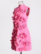 Pink 3d Flowers Sleeveless High Neck Baby Shower Maternity Mini Dress for Maternity