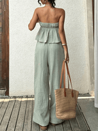 Boho Green Two Piece Lace Up Side Slit Bandeau Peplum Vacation Maternity Strapless Top Wide Leg Pant for Maternity